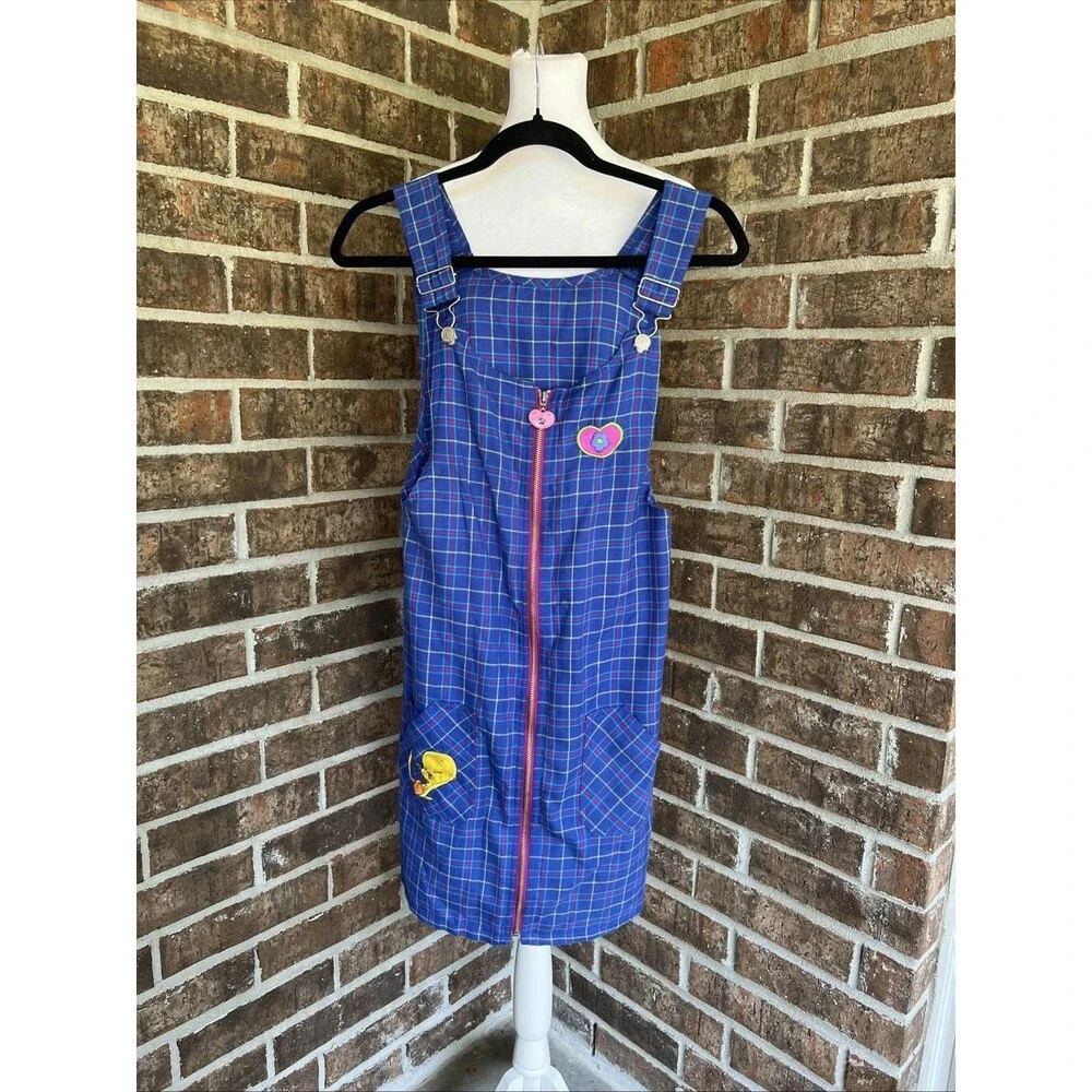 Vtg Looney Tunes Blue Plaid Zip Up Overall Dress Embroidered Tweety Girls 14/16